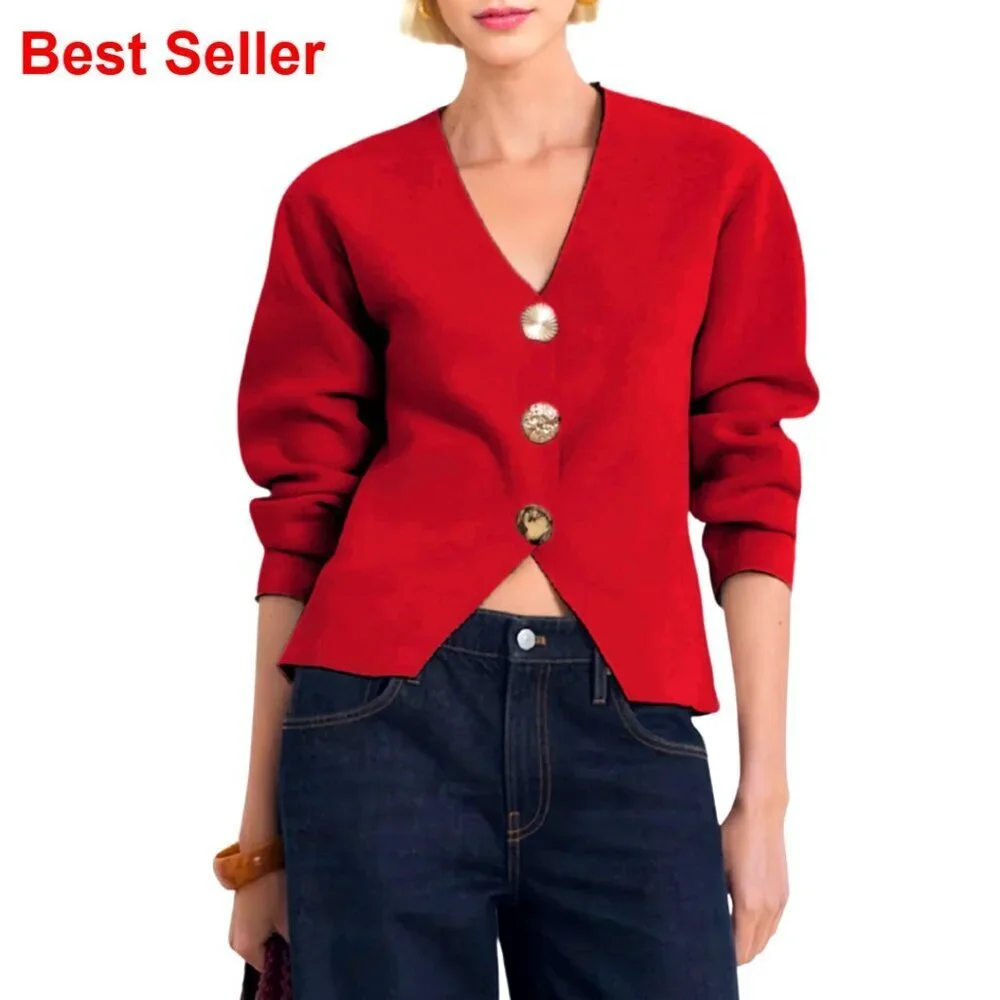 Cropped V-Neck Cardigan with Gold Buttons, Long Sleeve Knit Sweater